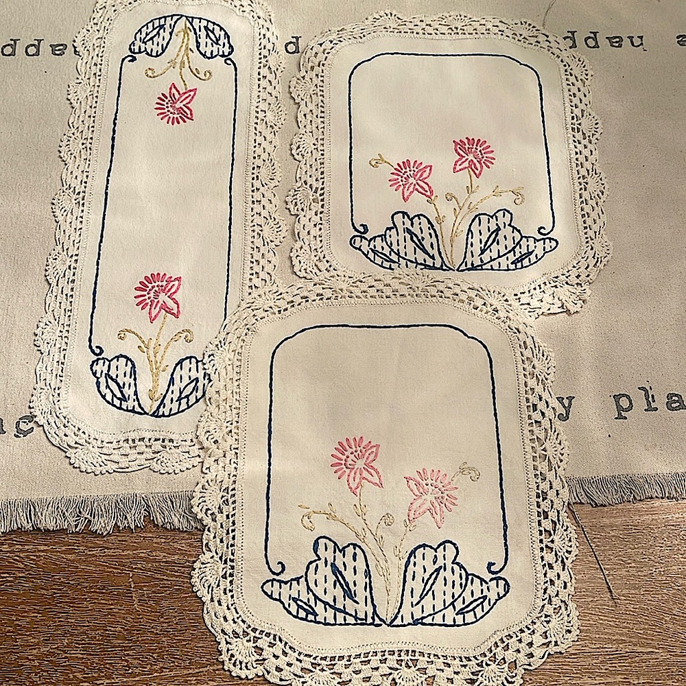 Vintage Linen, Set of 3/ Embroidered/ Handmade